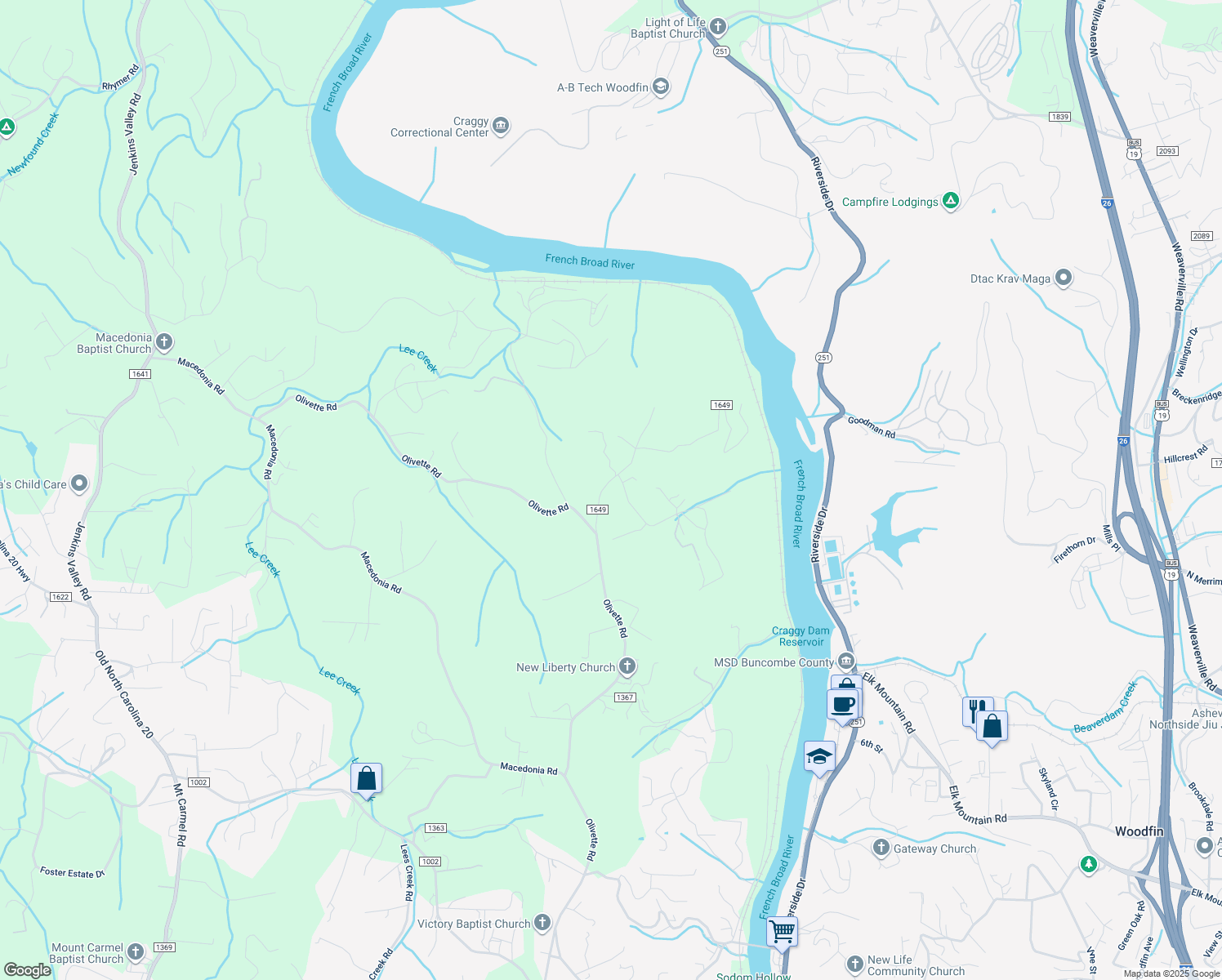 map of restaurants, bars, coffee shops, grocery stores, and more near 65 Farm Road in Asheville