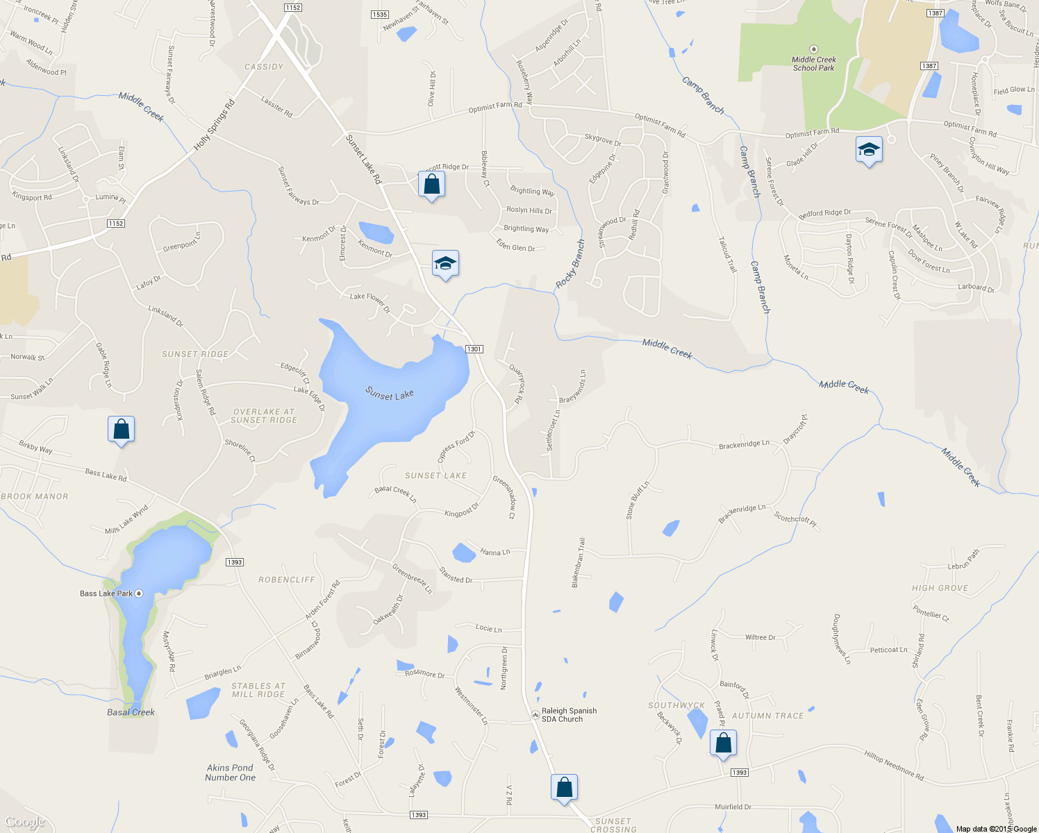 map of restaurants, bars, coffee shops, grocery stores, and more near 5815 Sunset Lake Road in Holly Springs