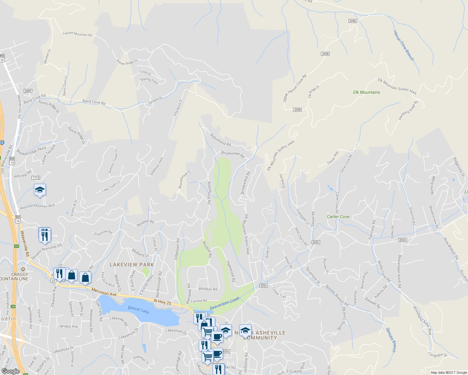 map of restaurants, bars, coffee shops, grocery stores, and more near 202 Robinhood Road in Asheville