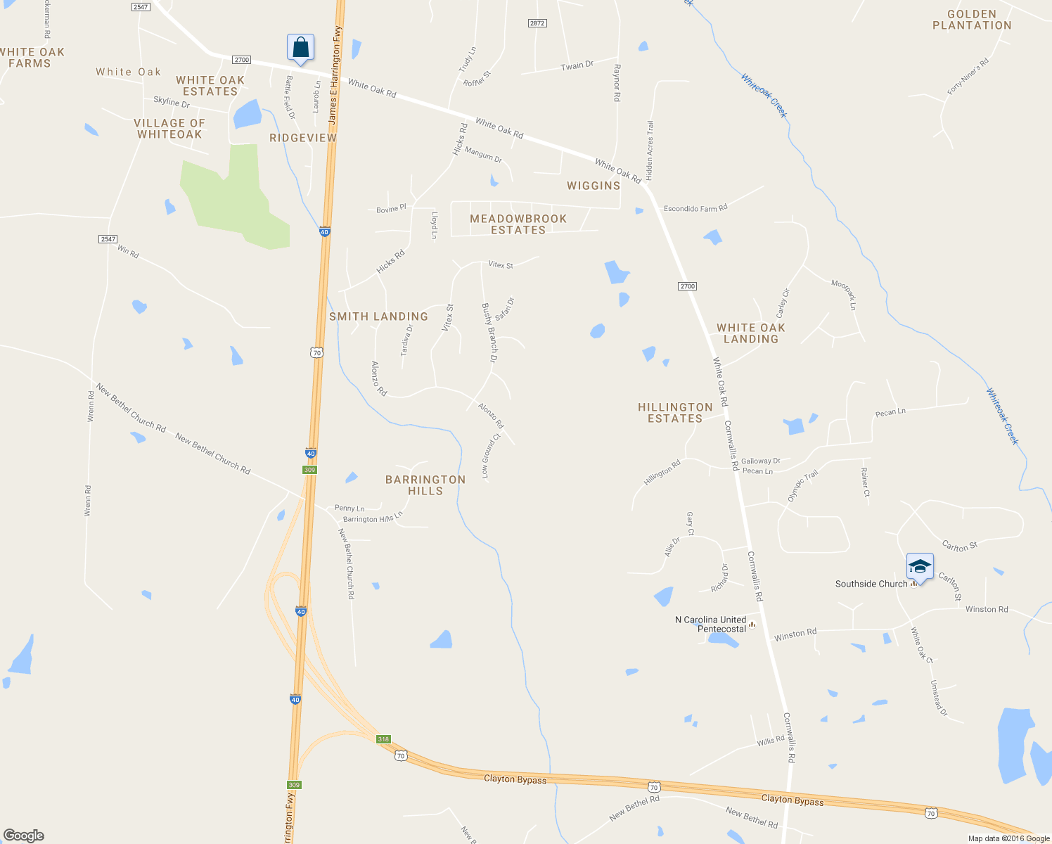 map of restaurants, bars, coffee shops, grocery stores, and more near 4729 Alonzo Road in Garner