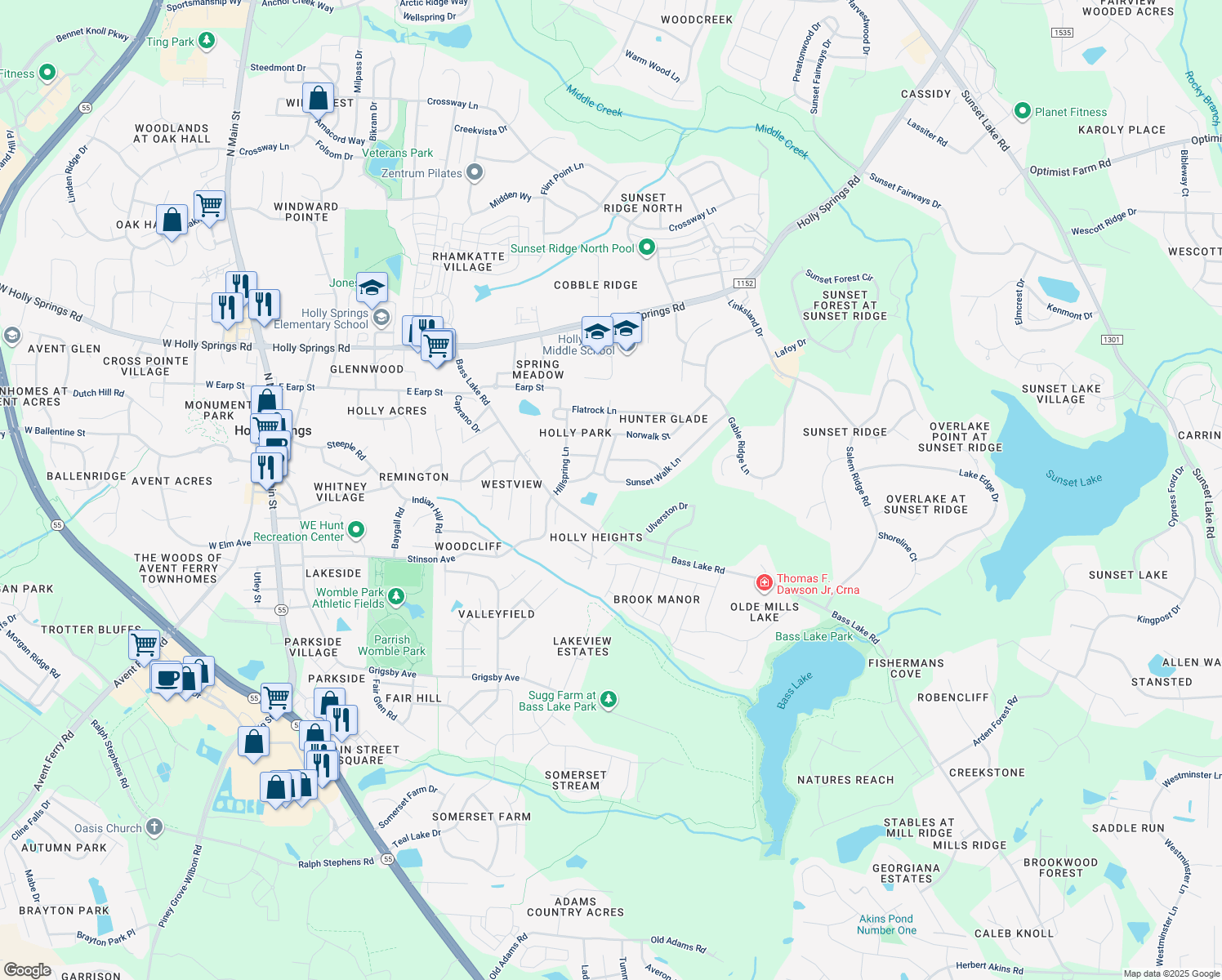 map of restaurants, bars, coffee shops, grocery stores, and more near 5225 Sunset Walk Lane in Holly Springs