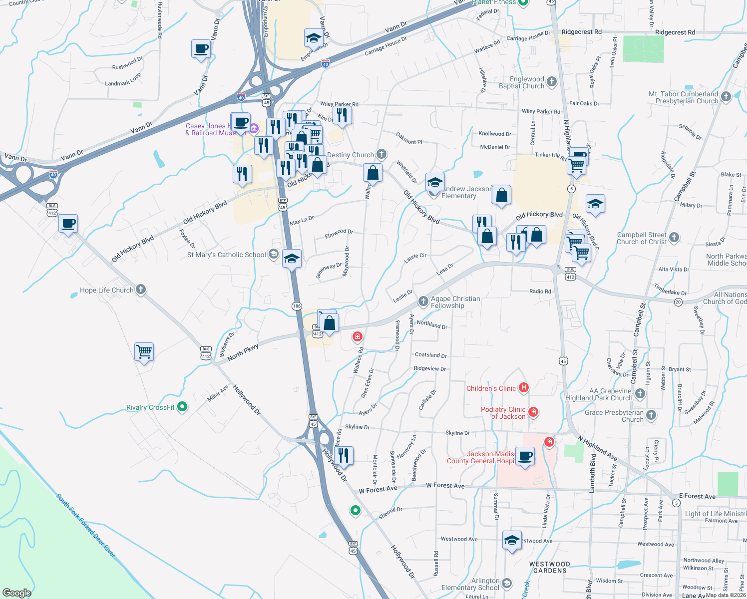 map of restaurants, bars, coffee shops, grocery stores, and more near 33 Wood Thrush Cove in Jackson