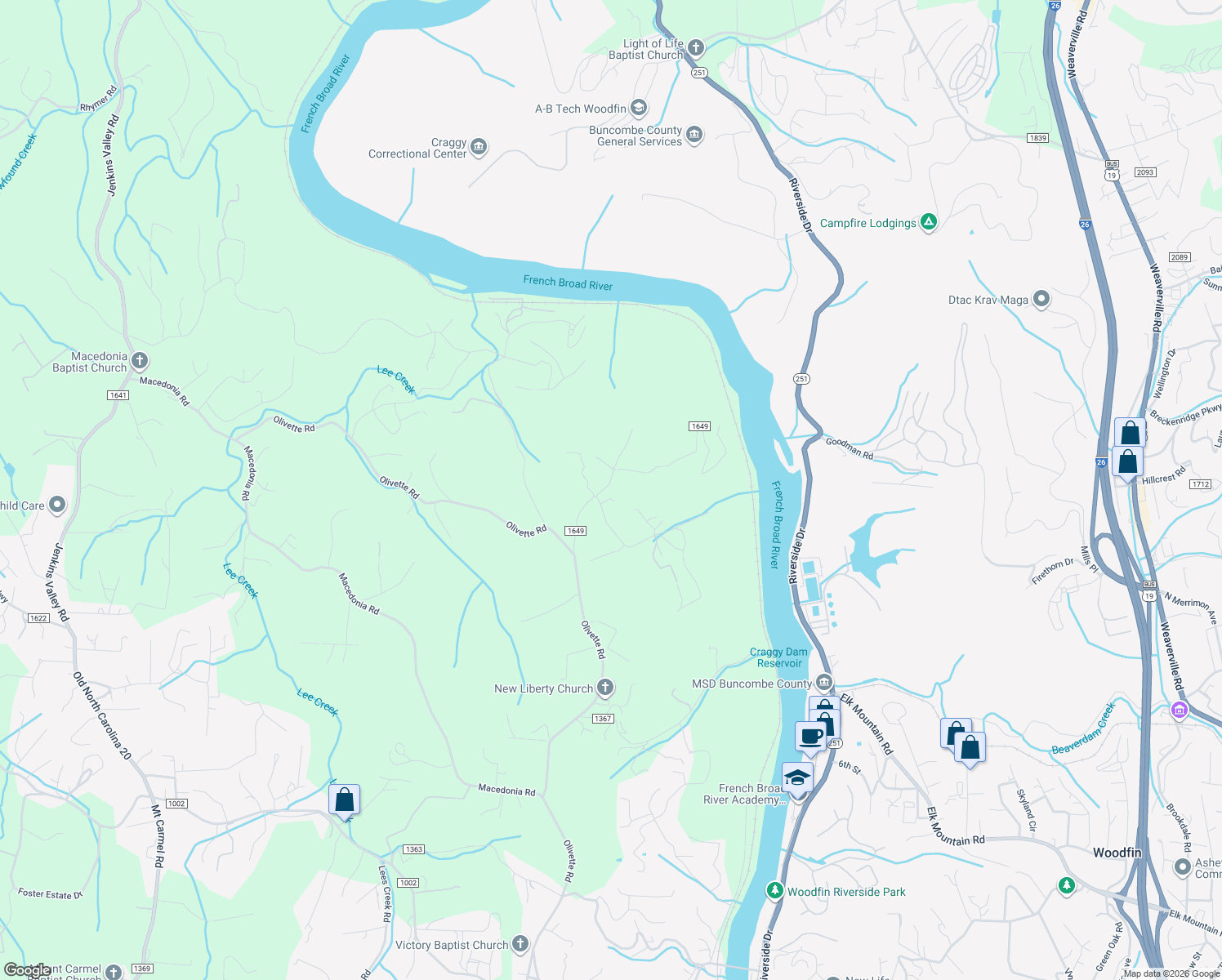 map of restaurants, bars, coffee shops, grocery stores, and more near 119 Farm Road in Asheville