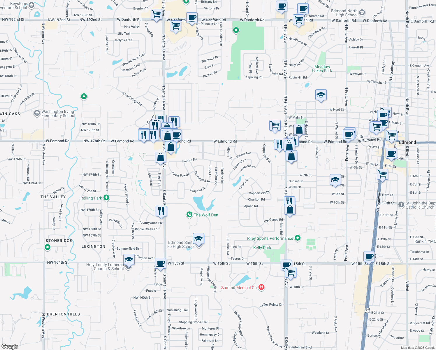 map of restaurants, bars, coffee shops, grocery stores, and more near 608 Old Bugle Road in Edmond