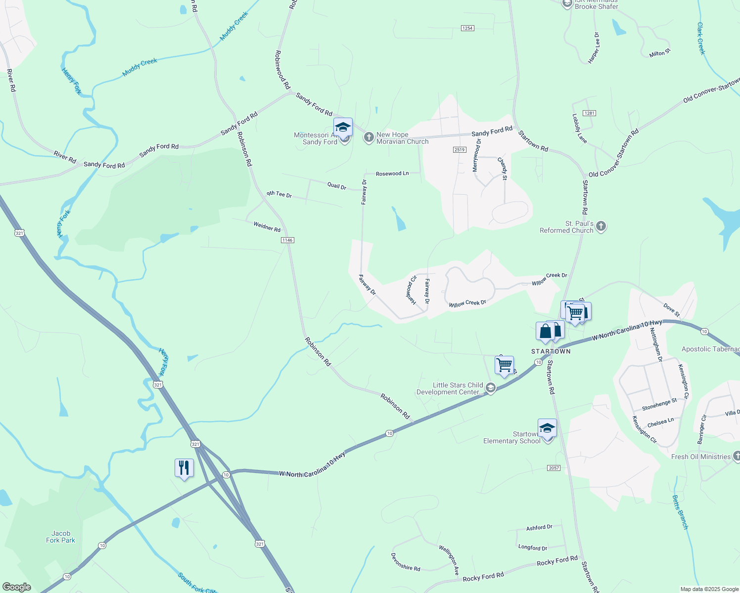 map of restaurants, bars, coffee shops, grocery stores, and more near 1638 Fairway Drive in Newton