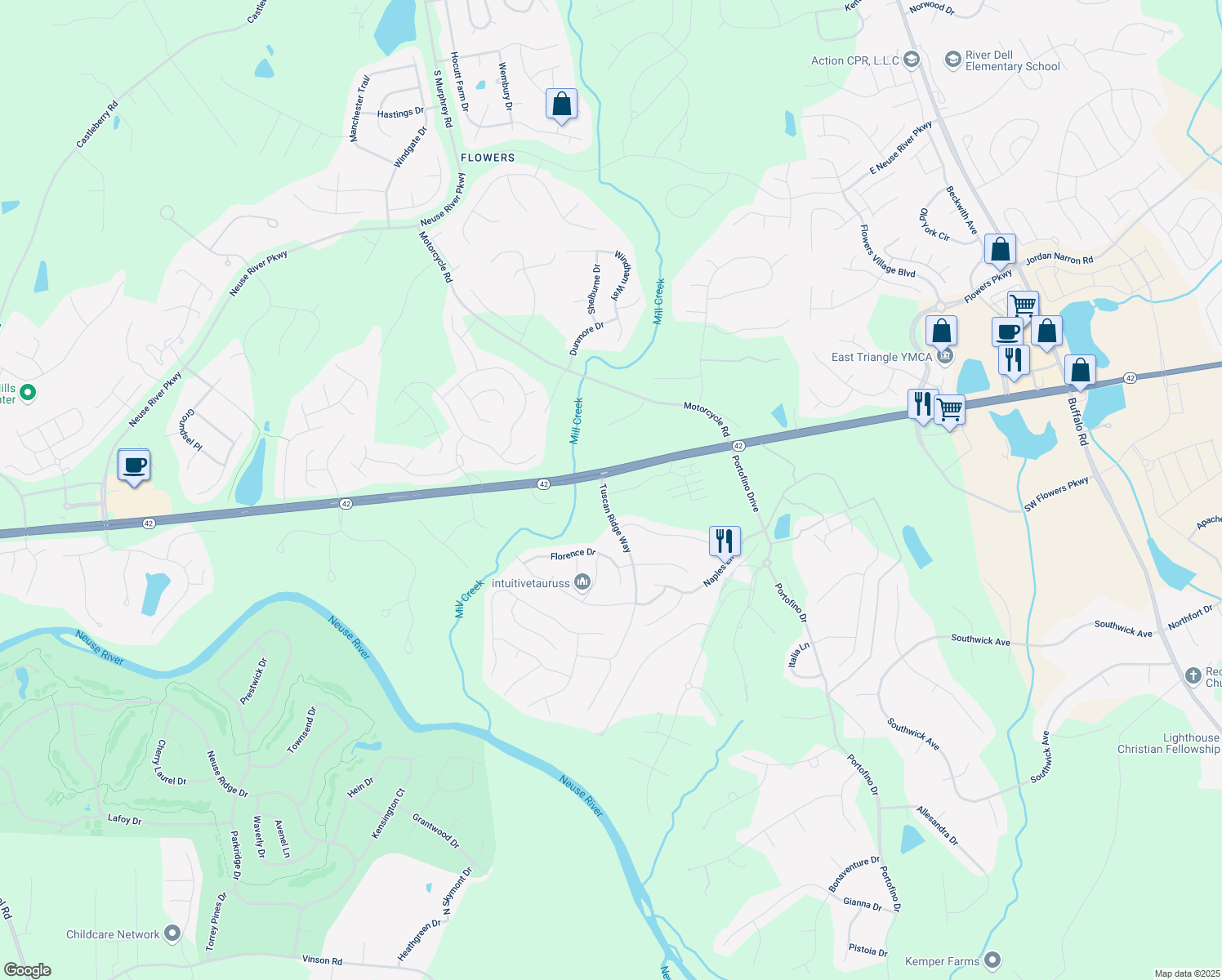 map of restaurants, bars, coffee shops, grocery stores, and more near 11 Verona Drive in Clayton