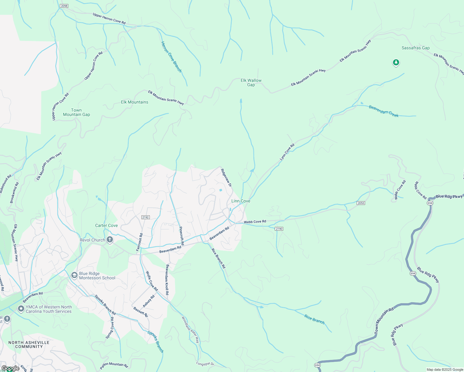 map of restaurants, bars, coffee shops, grocery stores, and more near 2 Ridgeview Drive in Asheville