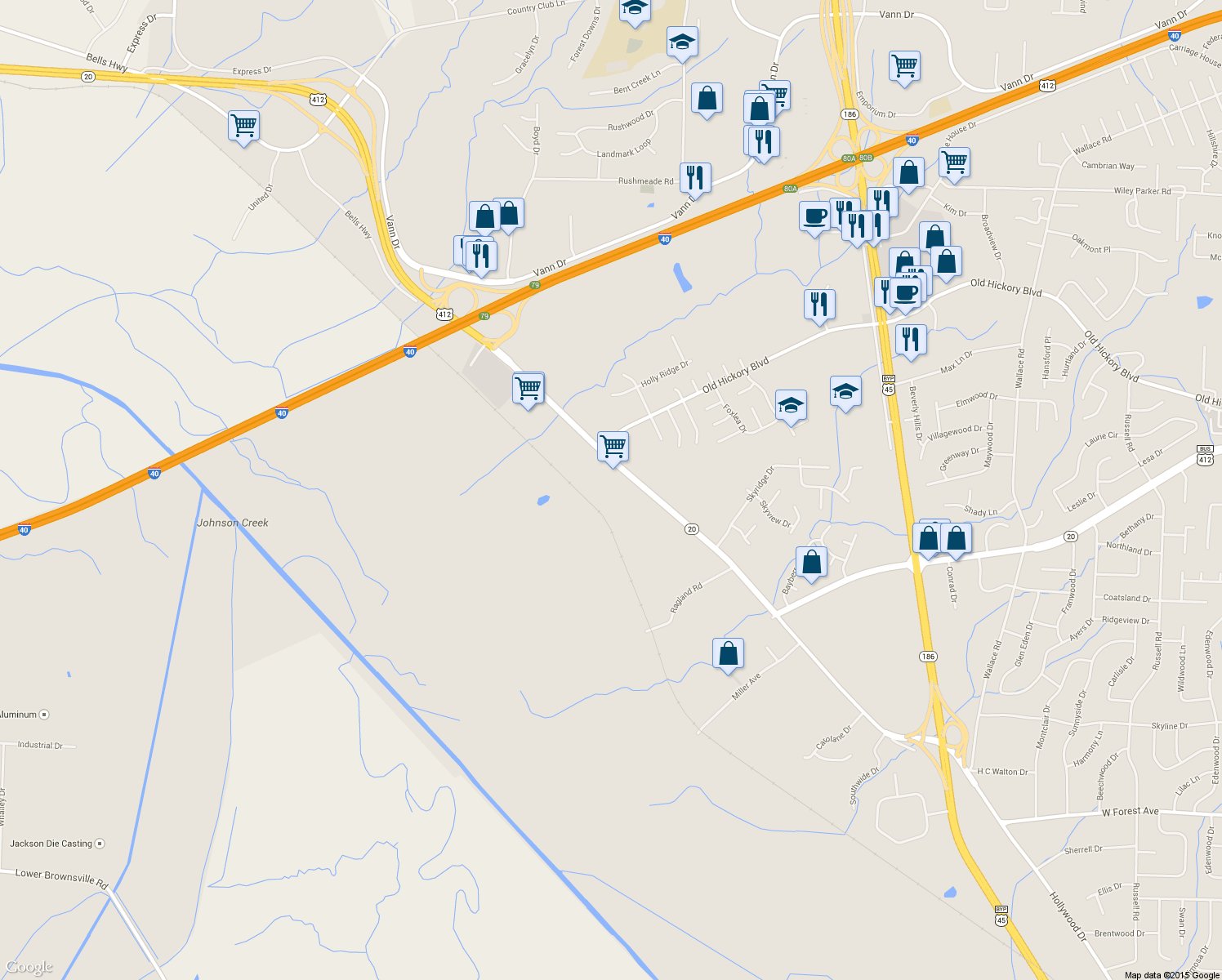 map of restaurants, bars, coffee shops, grocery stores, and more near 2040 Hollywood Drive in Jackson
