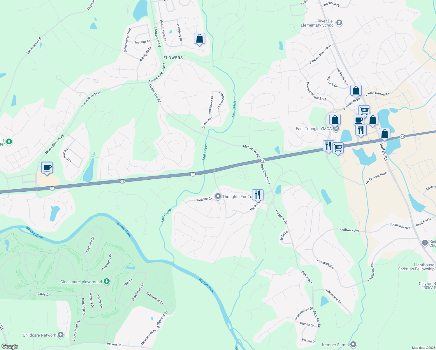 map of restaurants, bars, coffee shops, grocery stores, and more near 73 Tuscan Ridge Way in Clayton