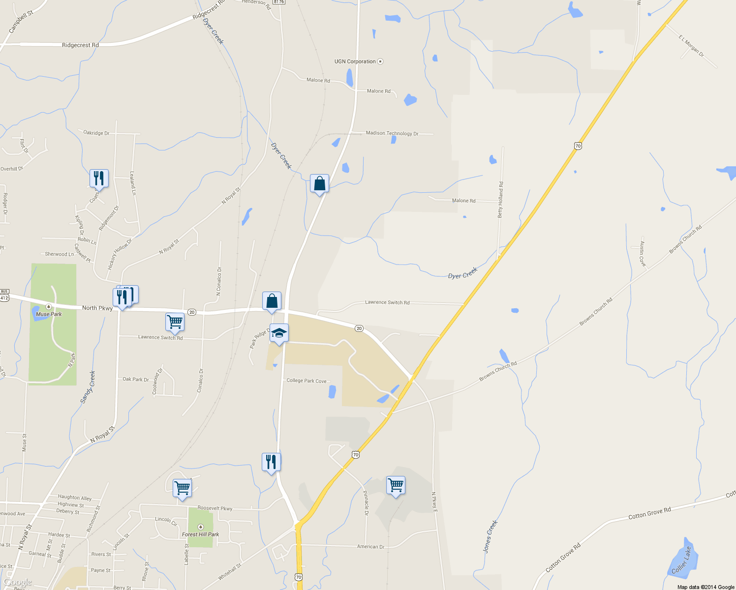 map of restaurants, bars, coffee shops, grocery stores, and more near 461 Lawrence Switch Road in Jackson