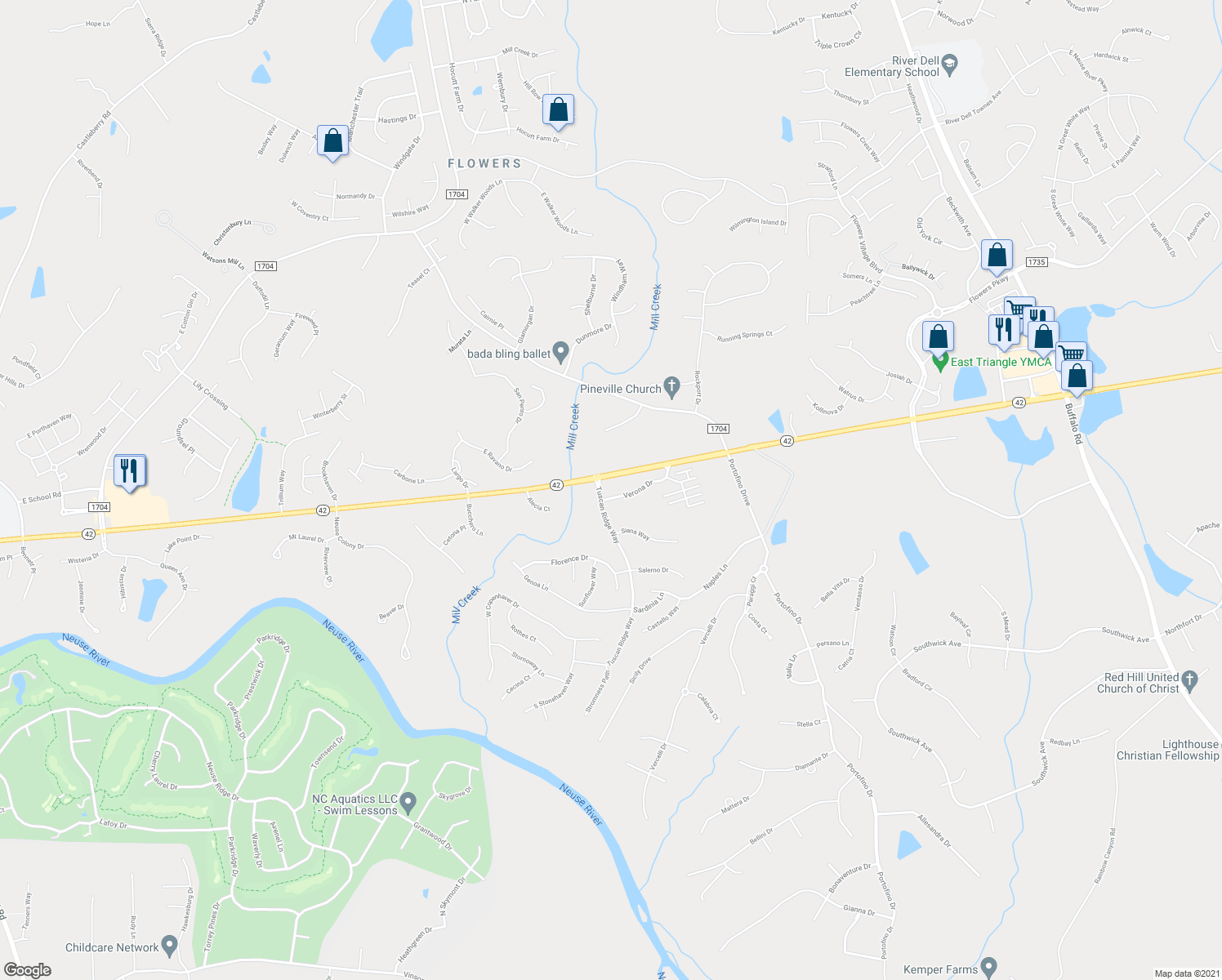 map of restaurants, bars, coffee shops, grocery stores, and more near 11 Verona Drive in Clayton
