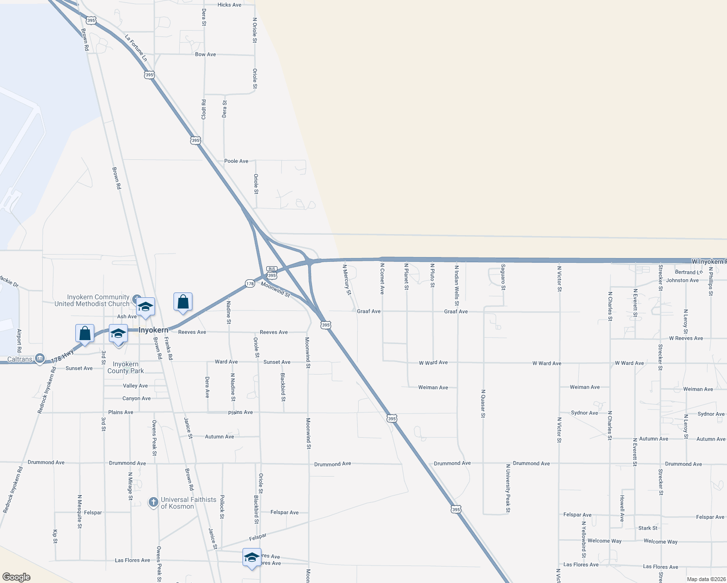 map of restaurants, bars, coffee shops, grocery stores, and more near 1540 North Mercury Street in Ridgecrest