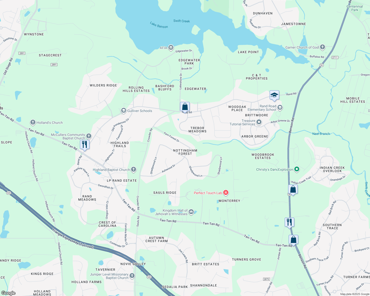 map of restaurants, bars, coffee shops, grocery stores, and more near 147 Fern Forest Drive in Raleigh