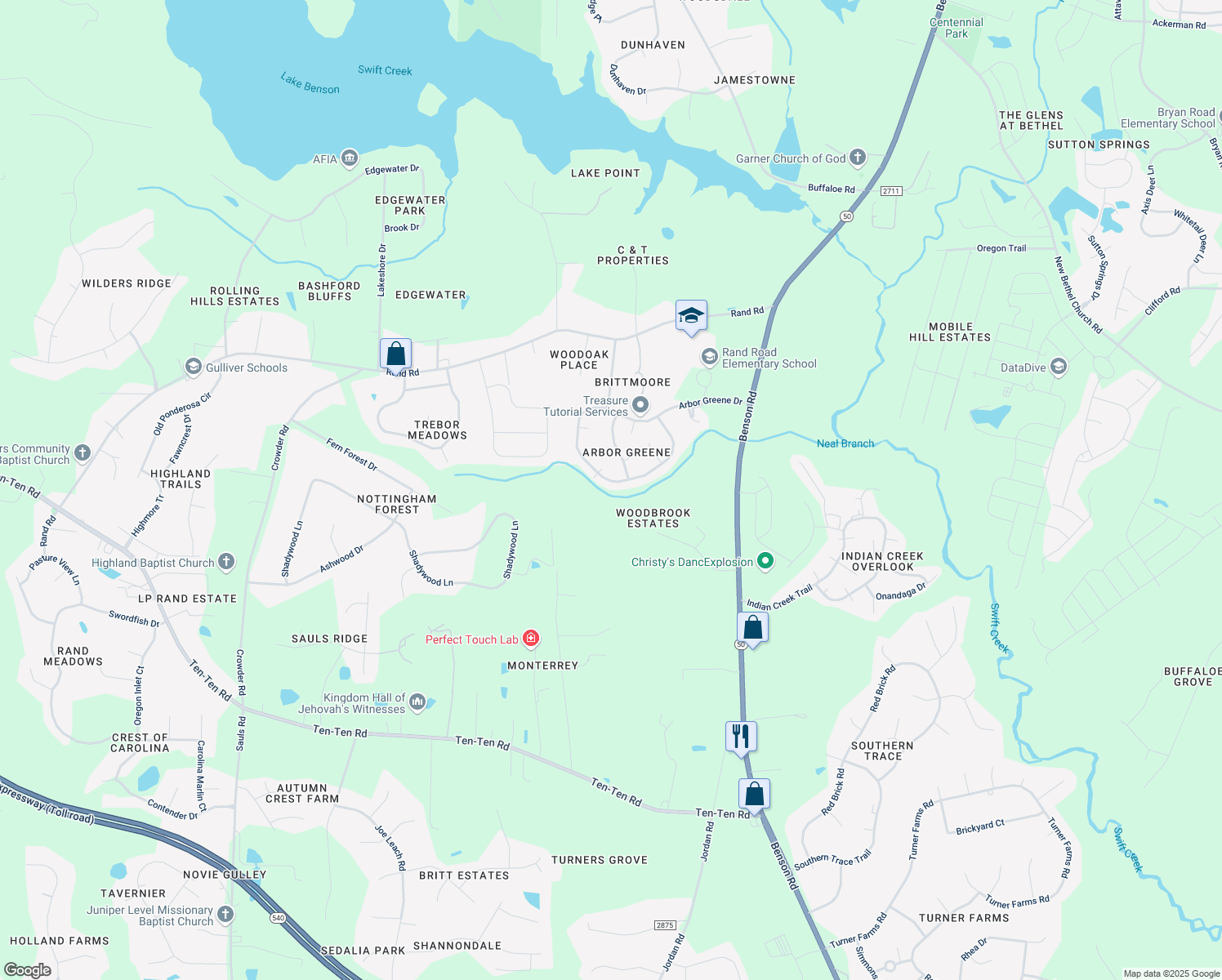 map of restaurants, bars, coffee shops, grocery stores, and more near 1126 Arbor Greene Drive in Garner