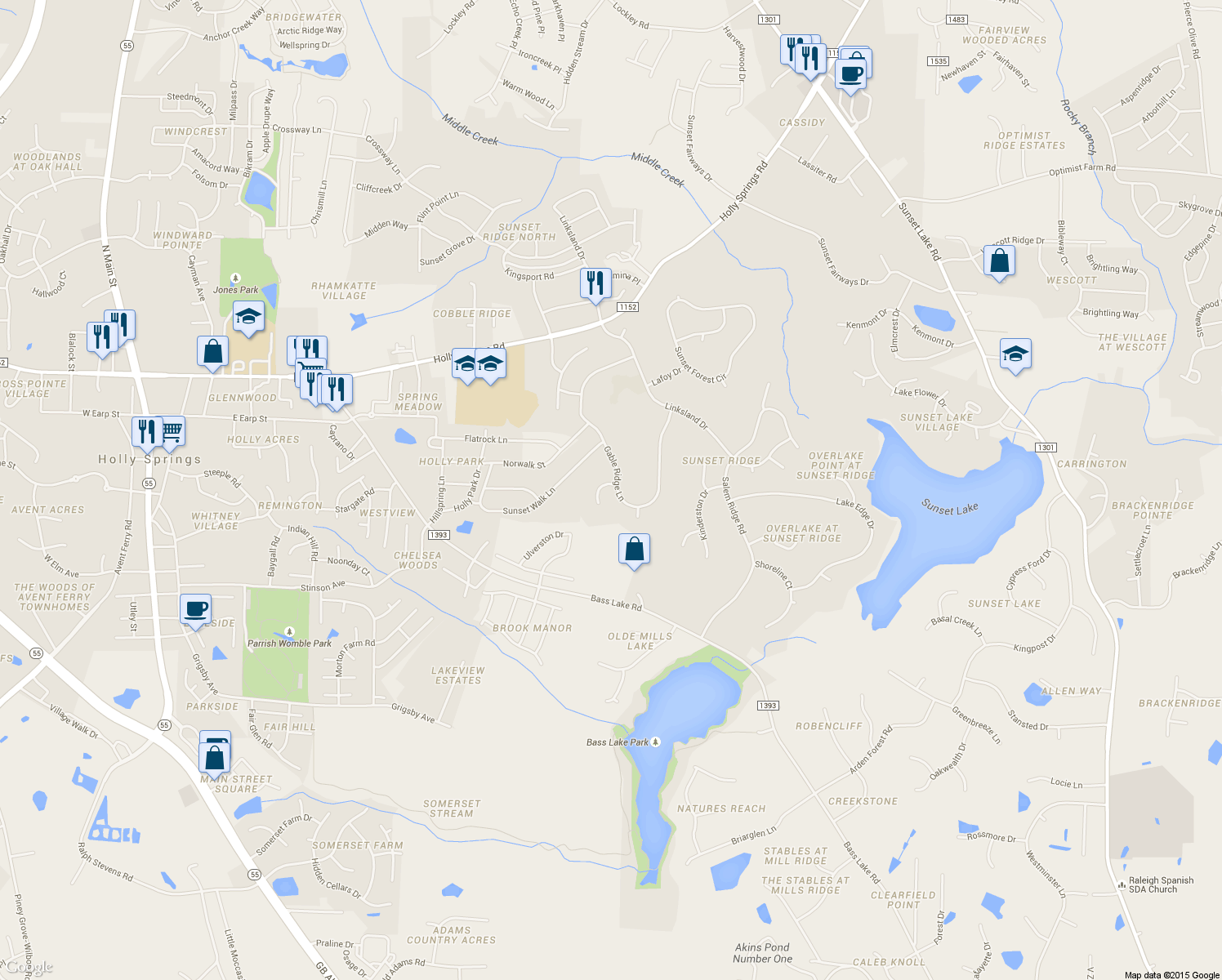 map of restaurants, bars, coffee shops, grocery stores, and more near 5200 Gable Ridge Lane in Holly Springs