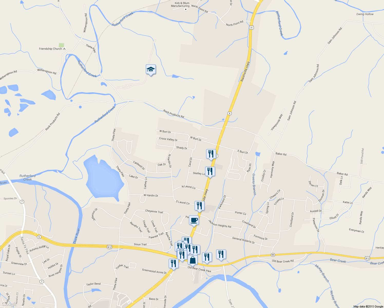 map of restaurants, bars, coffee shops, grocery stores, and more near 302 Carol Drive in Columbia