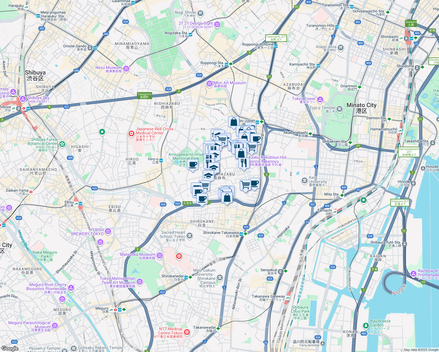 map of restaurants, bars, coffee shops, grocery stores, and more near in Minato City