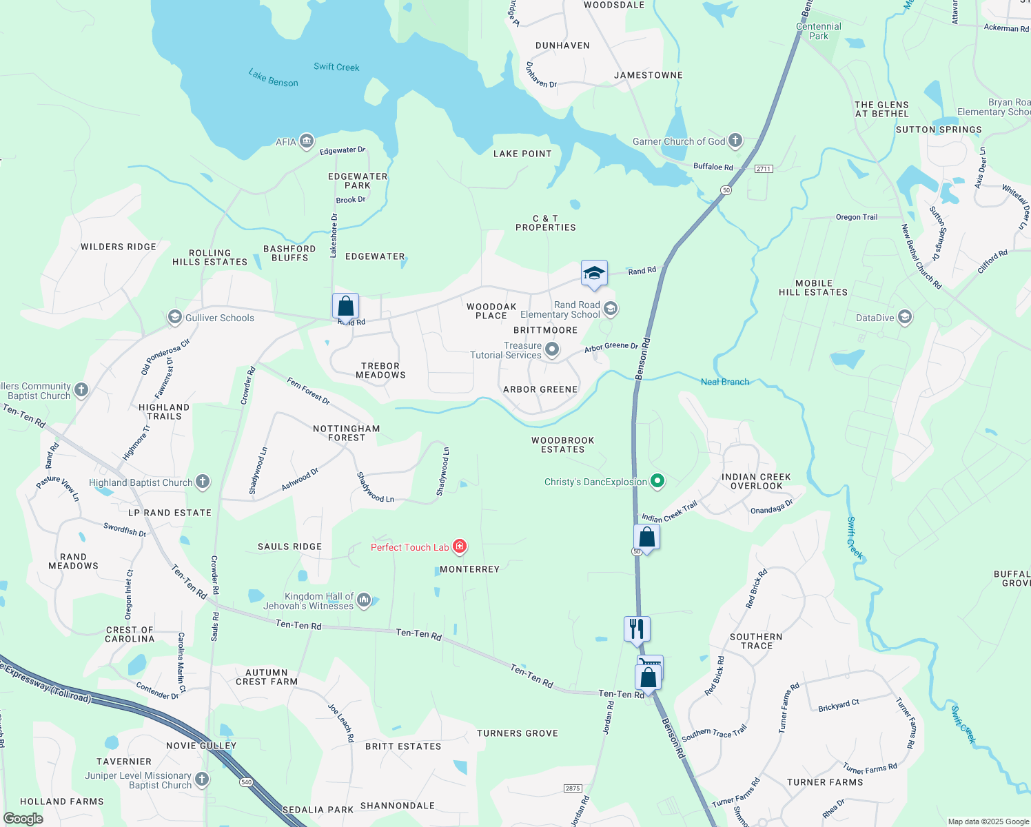map of restaurants, bars, coffee shops, grocery stores, and more near 101 Cedar Key Landing in Garner