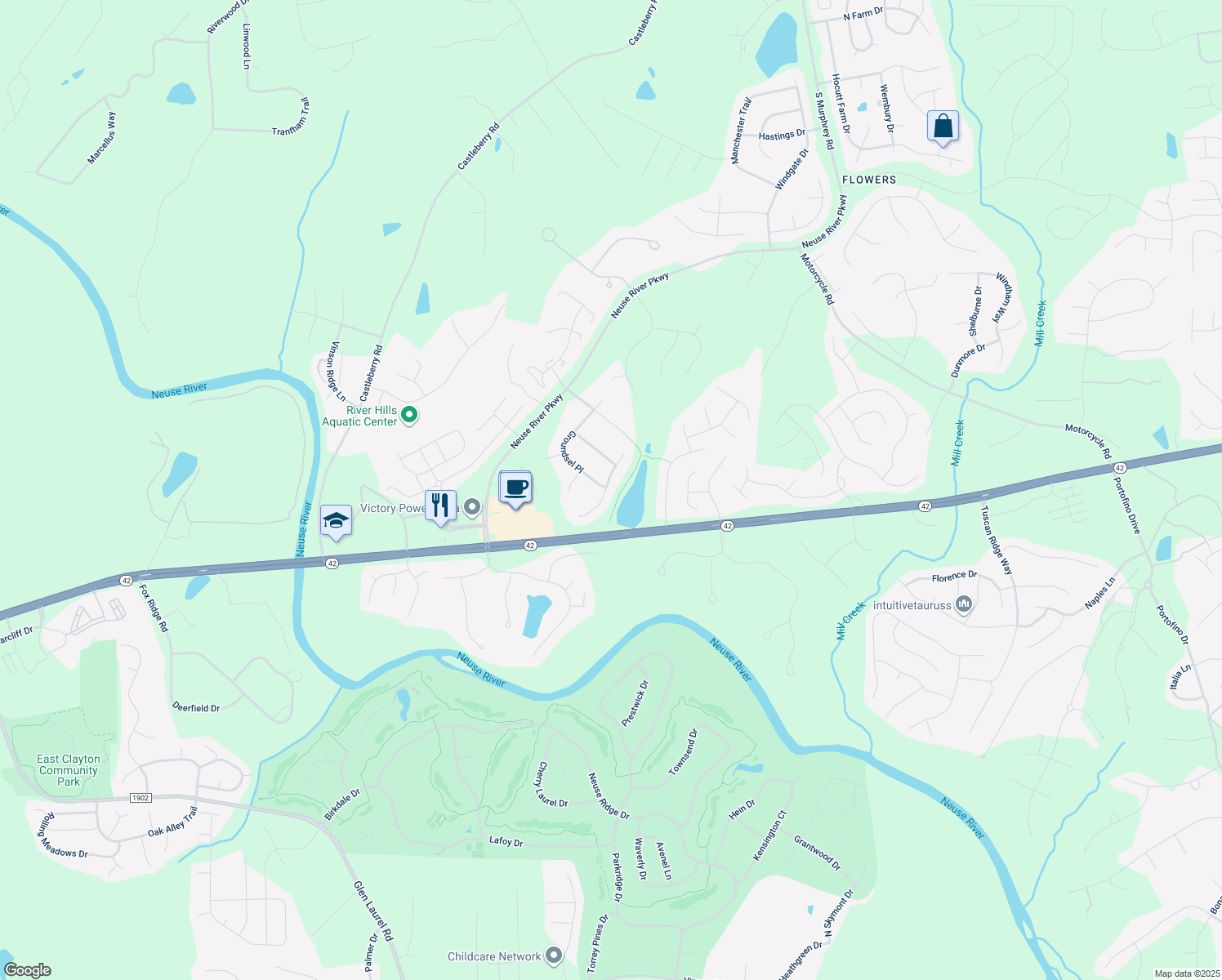 map of restaurants, bars, coffee shops, grocery stores, and more near 112 Waterleaf Place in Clayton