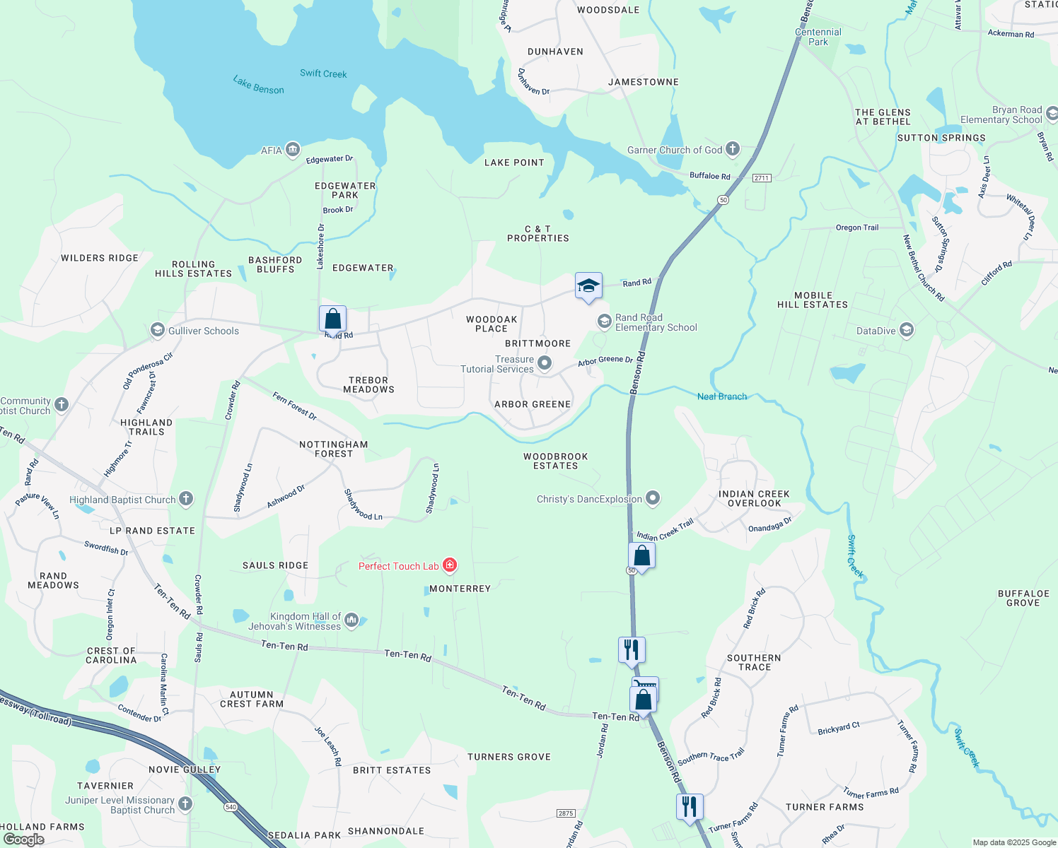 map of restaurants, bars, coffee shops, grocery stores, and more near 136 Garden Retreat Drive in Garner
