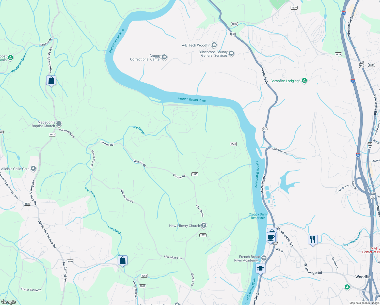 map of restaurants, bars, coffee shops, grocery stores, and more near 110 Farm Road in Asheville