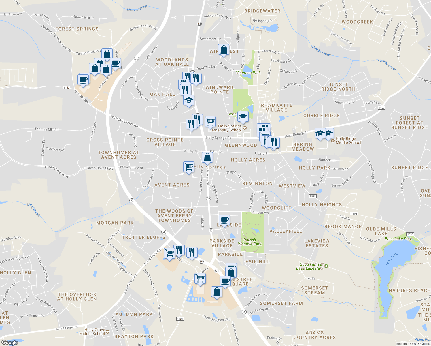 map of restaurants, bars, coffee shops, grocery stores, and more near 100 Steeple Road in Holly Springs