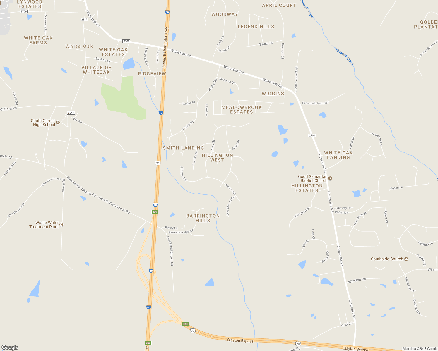 map of restaurants, bars, coffee shops, grocery stores, and more near 4613 Alonzo Rd in Garner