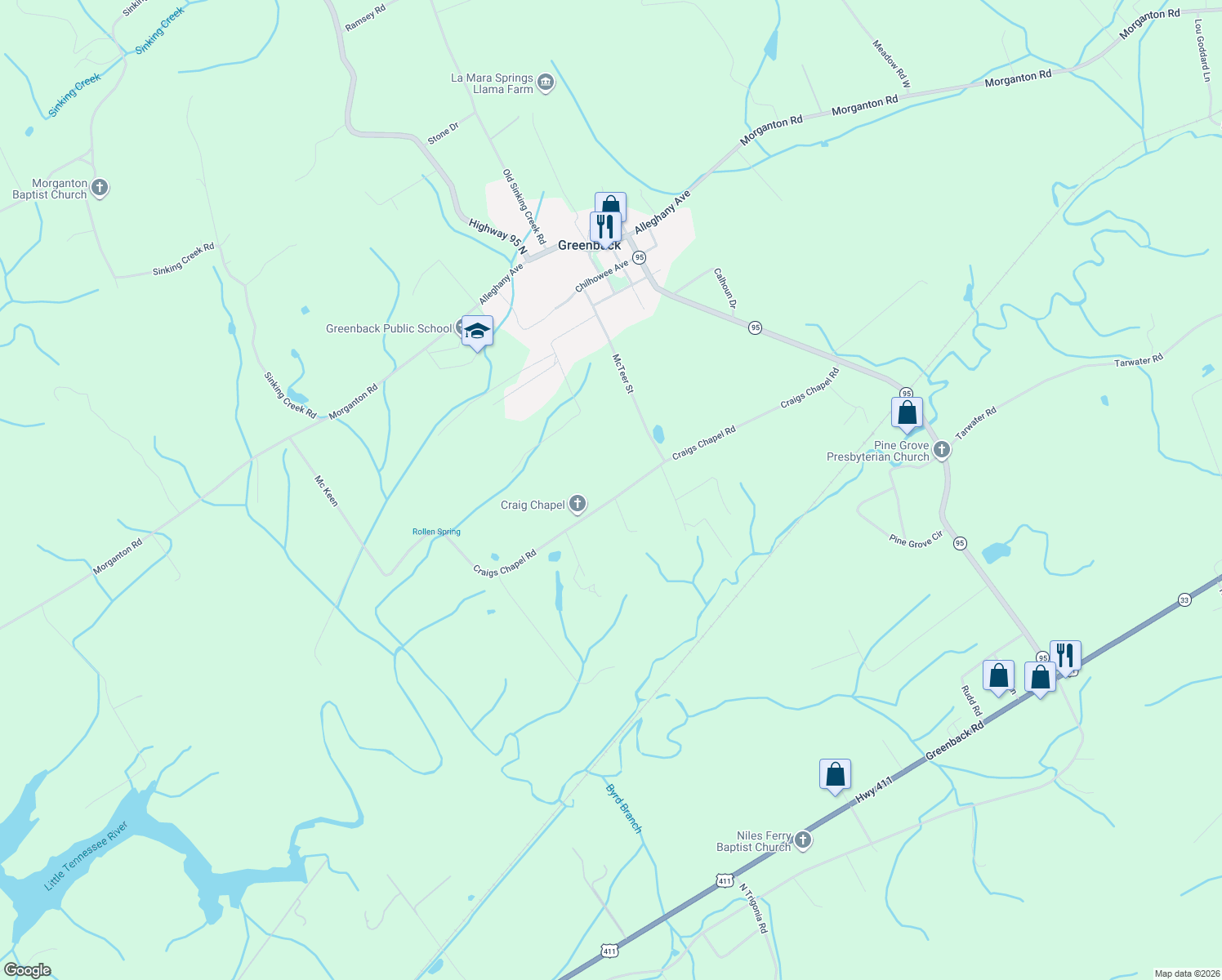 map of restaurants, bars, coffee shops, grocery stores, and more near 3222 Craigs Chapel Rd in Greenback