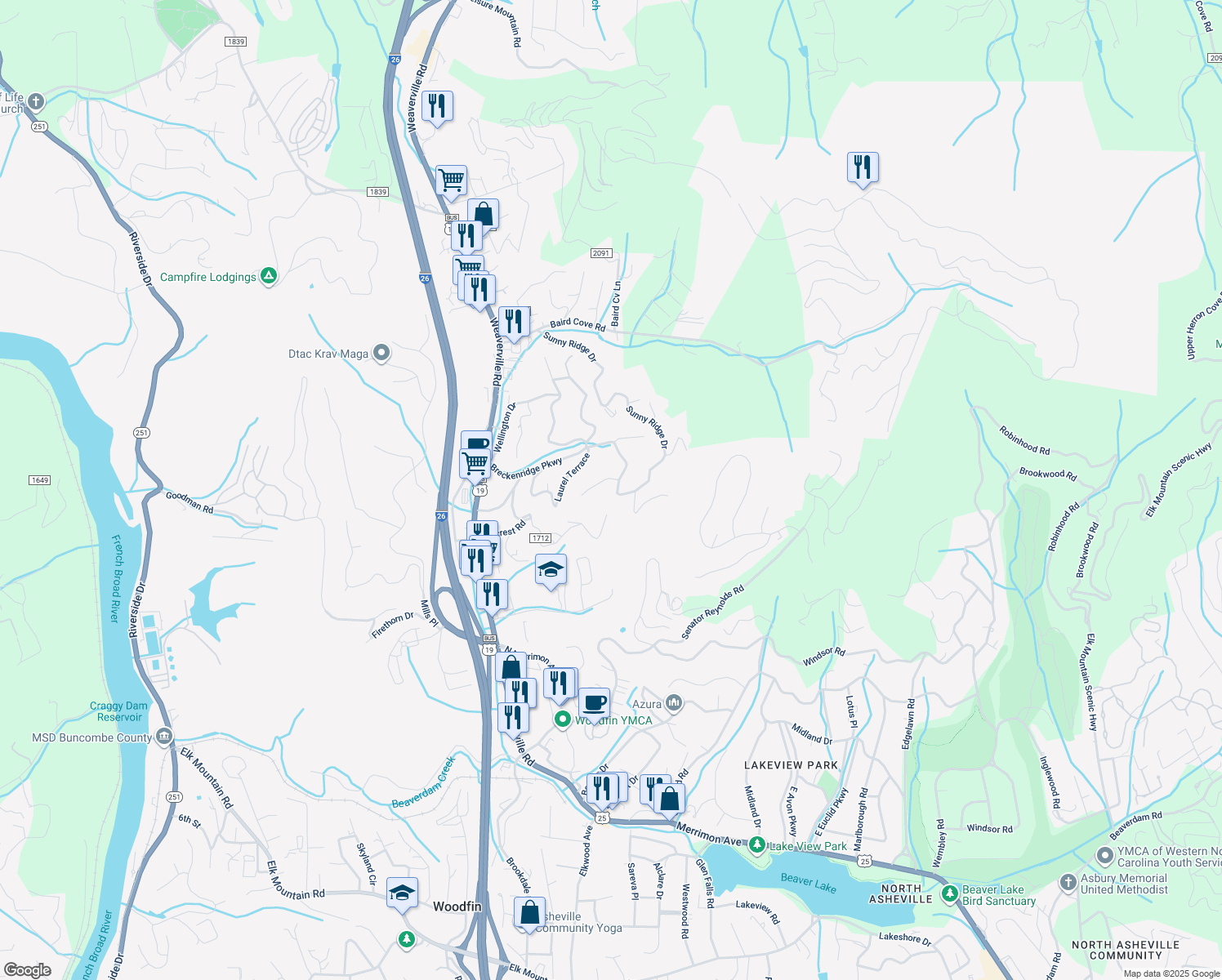 map of restaurants, bars, coffee shops, grocery stores, and more near 114 Sunny Ridge Drive in Asheville