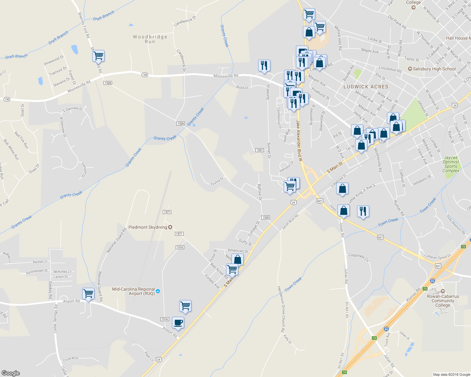 map of restaurants, bars, coffee shops, grocery stores, and more near 615 Rowan Mill Road in Salisbury