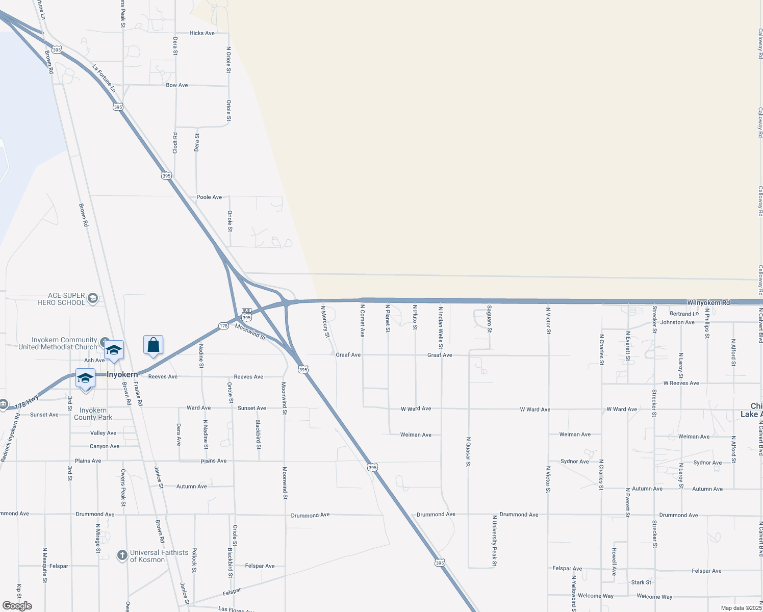 map of restaurants, bars, coffee shops, grocery stores, and more near 1657 North Planet Street in Ridgecrest