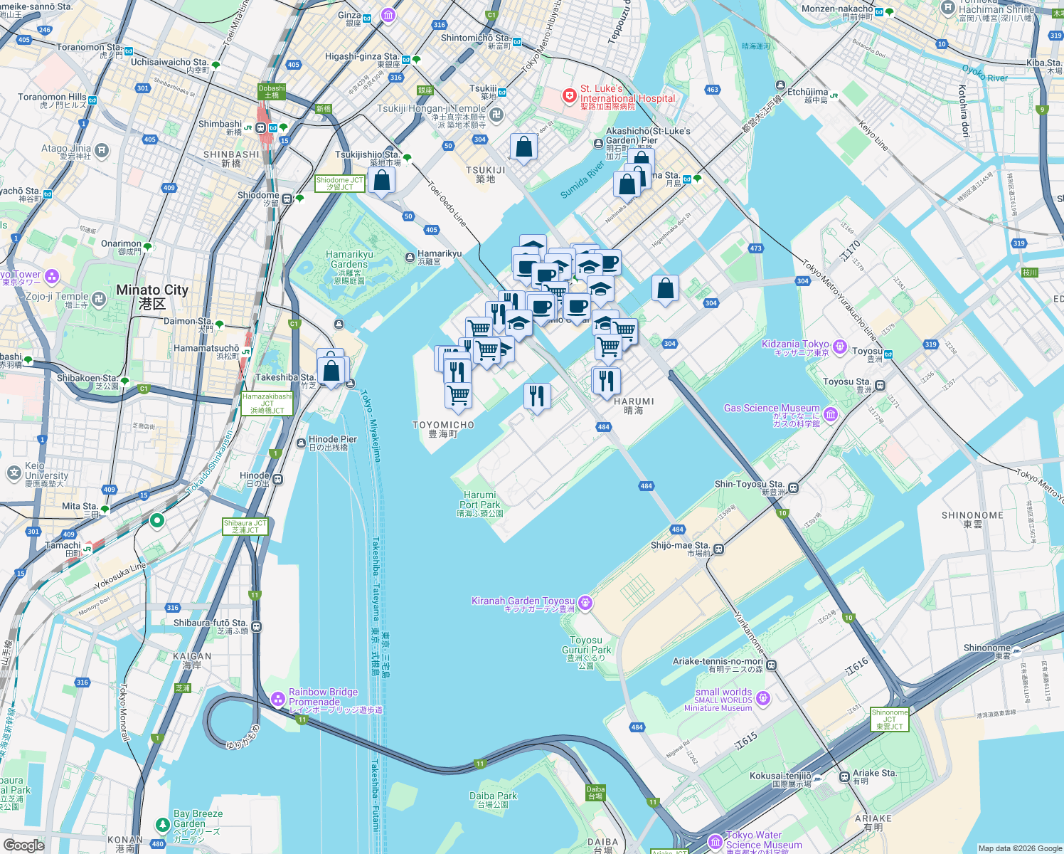 map of restaurants, bars, coffee shops, grocery stores, and more near in Chuo City