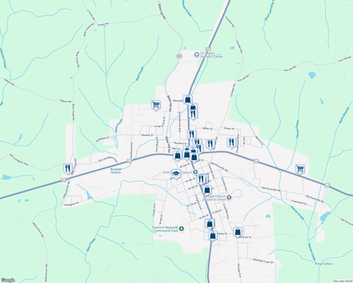 map of restaurants, bars, coffee shops, grocery stores, and more near 132 Buckner Street in Parsons