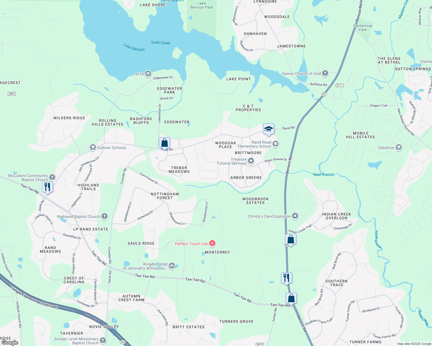 map of restaurants, bars, coffee shops, grocery stores, and more near 148 Blossom Creek Drive in Garner