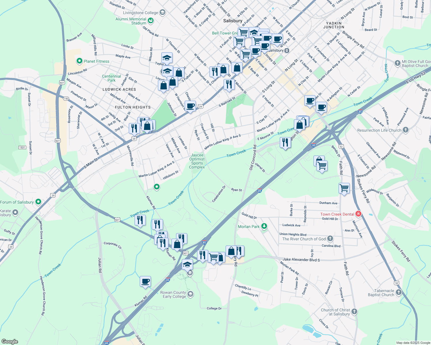map of restaurants, bars, coffee shops, grocery stores, and more near 716 Ryan Street in Salisbury