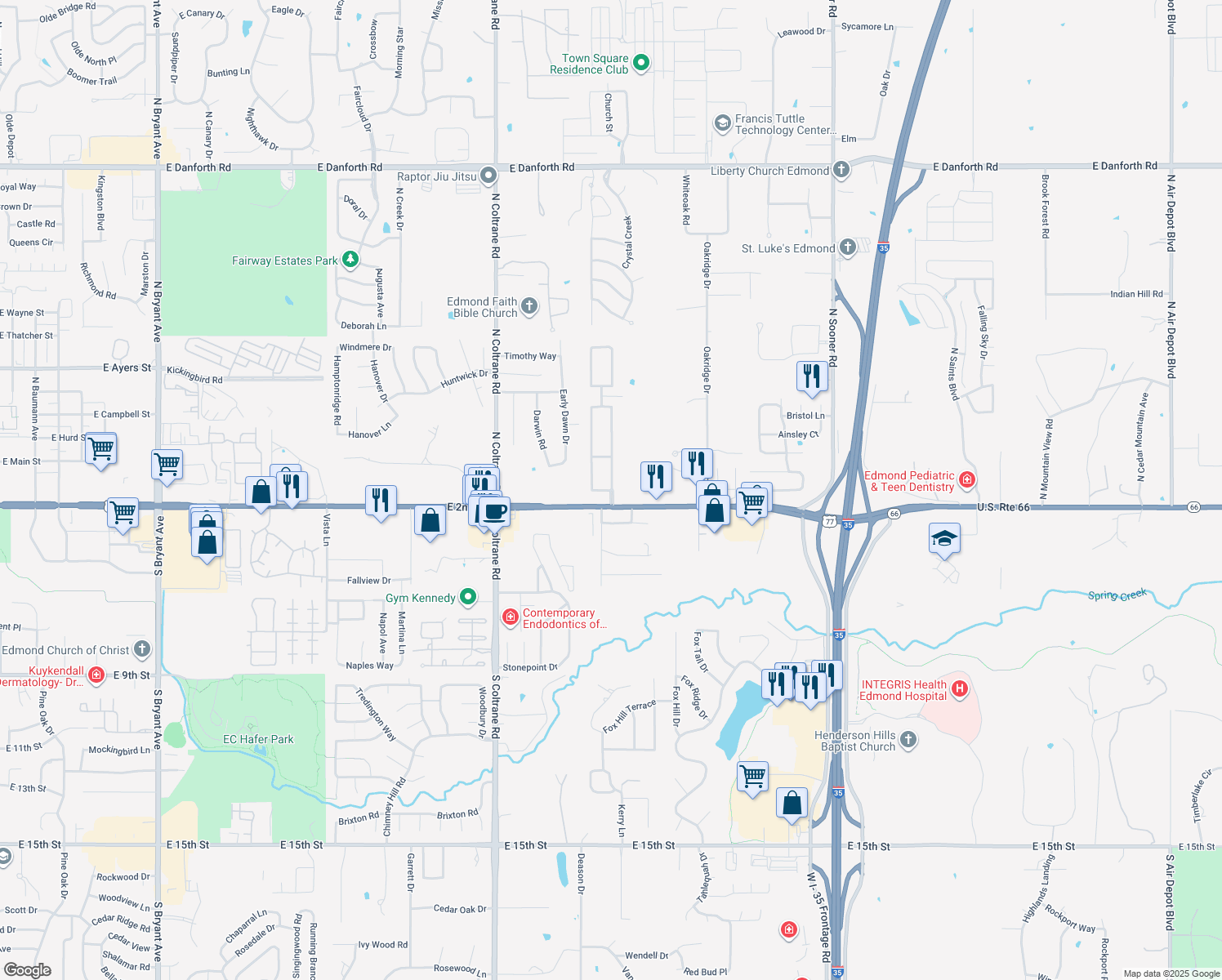 map of restaurants, bars, coffee shops, grocery stores, and more near 9 Bradbury Drive in Edmond