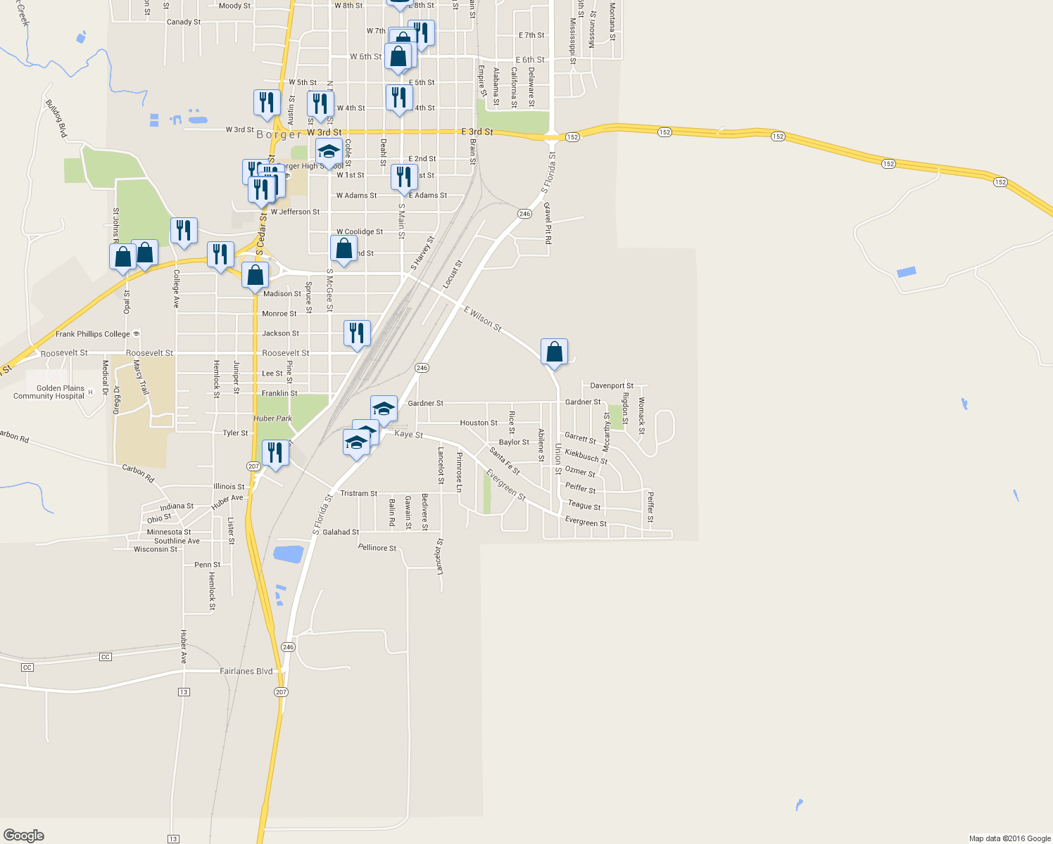 map of restaurants, bars, coffee shops, grocery stores, and more near 407 Houston Street in Borger