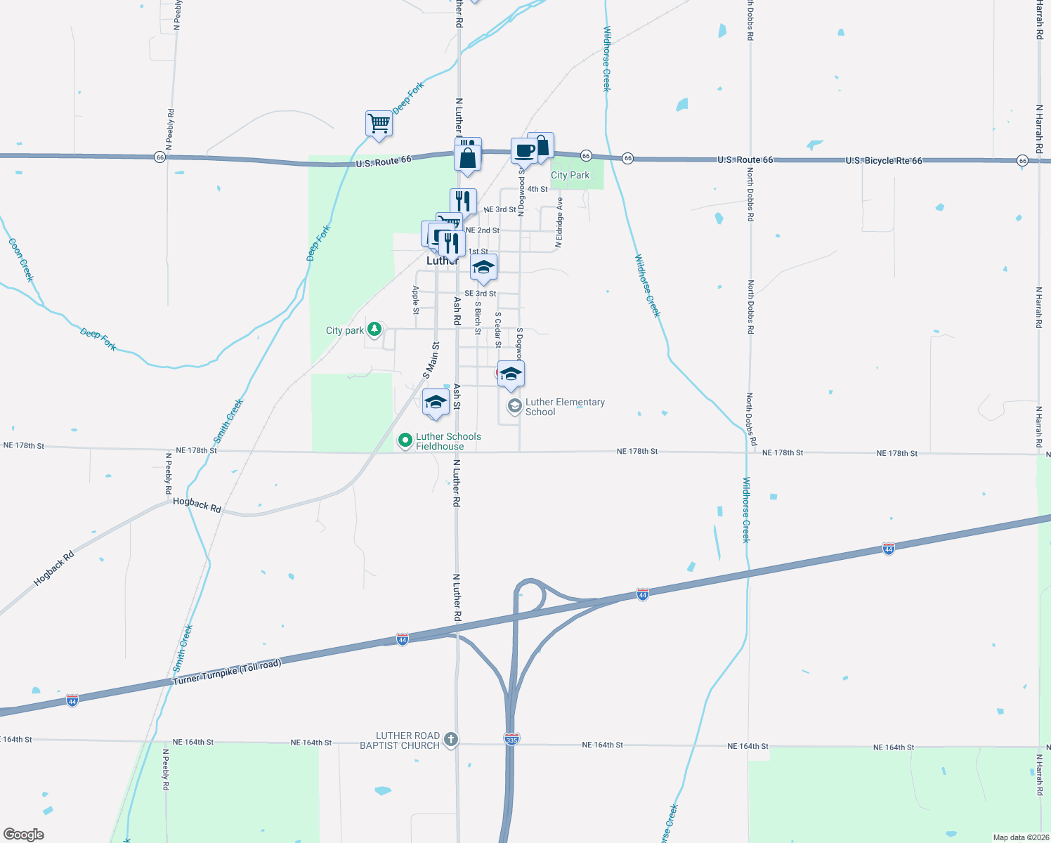 map of restaurants, bars, coffee shops, grocery stores, and more near 924 South Dogwood Street in Luther