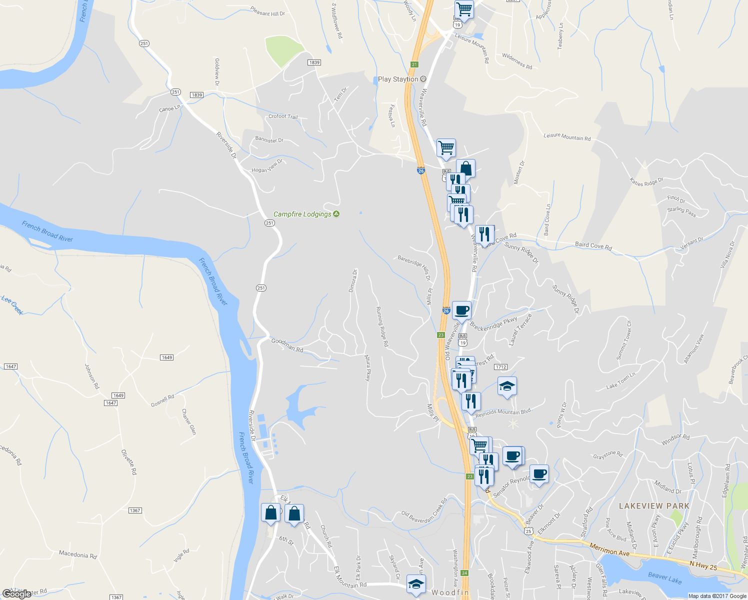 map of restaurants, bars, coffee shops, grocery stores, and more near 92 Running Ridge Road in Asheville