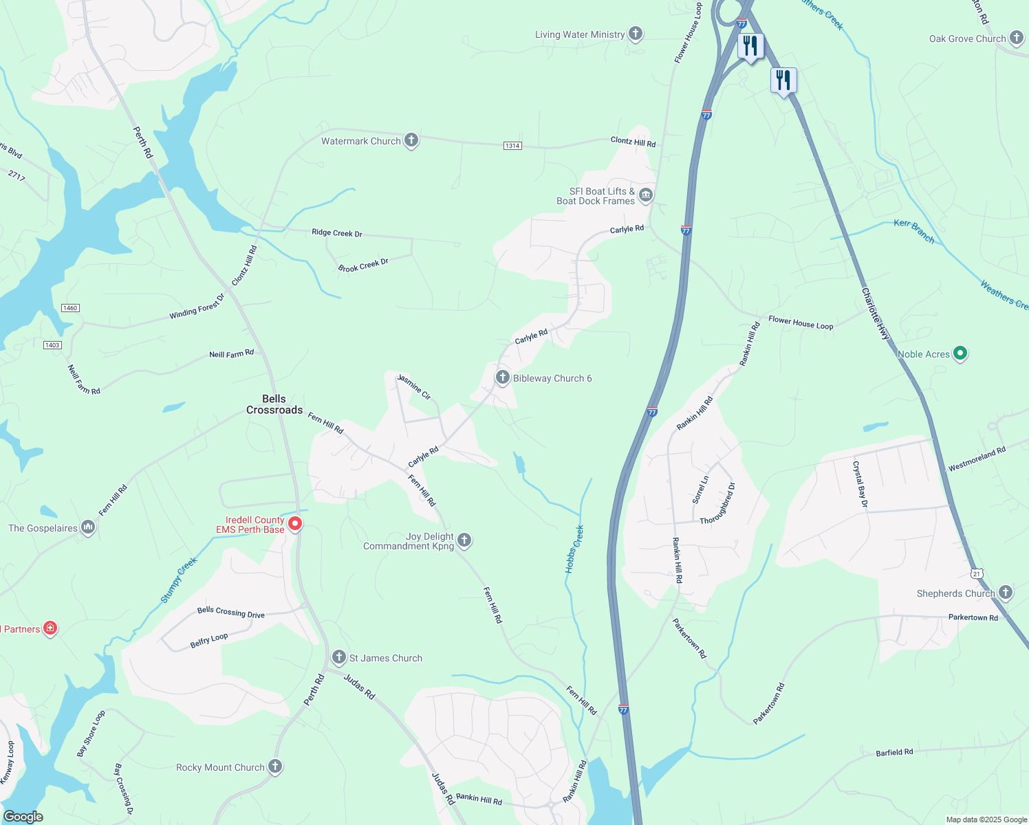 map of restaurants, bars, coffee shops, grocery stores, and more near Carlyle Road in Troutman