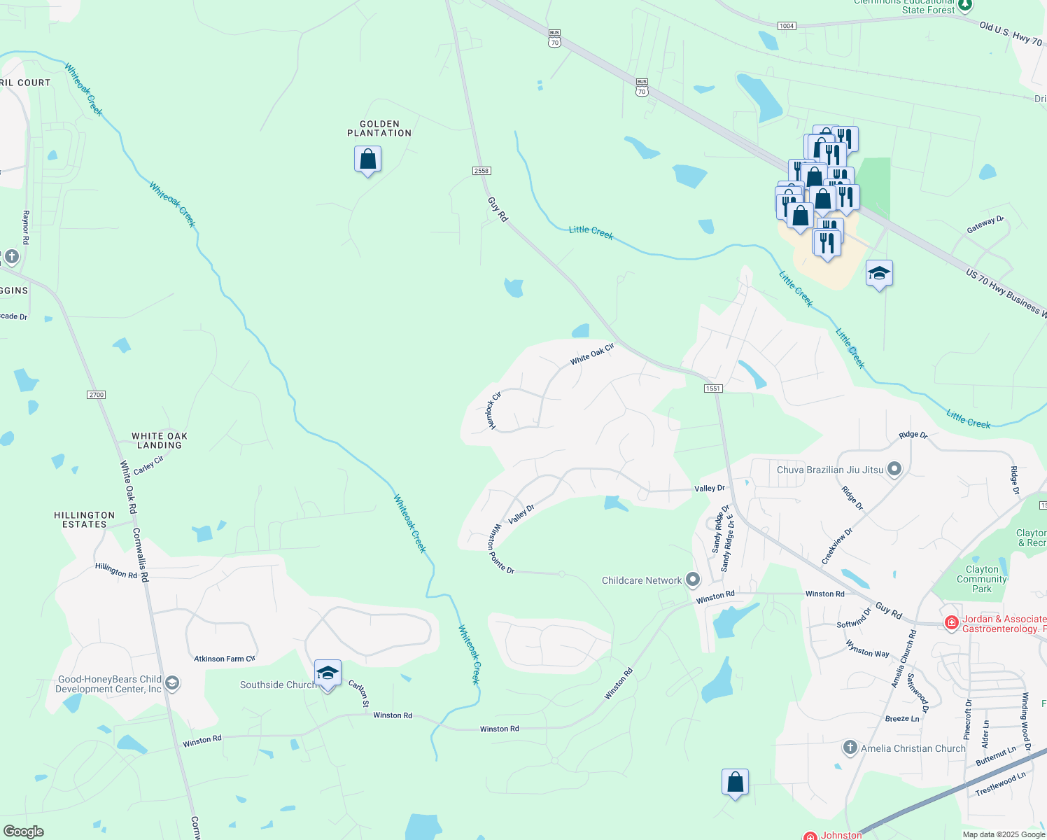 map of restaurants, bars, coffee shops, grocery stores, and more near 2004 Hemlock Circle in Clayton