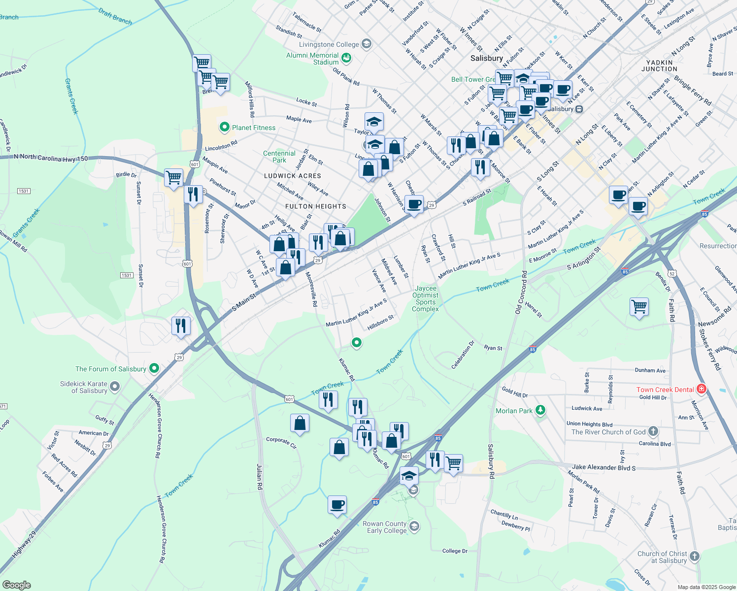 map of restaurants, bars, coffee shops, grocery stores, and more near 1425 Melrose Street in Salisbury