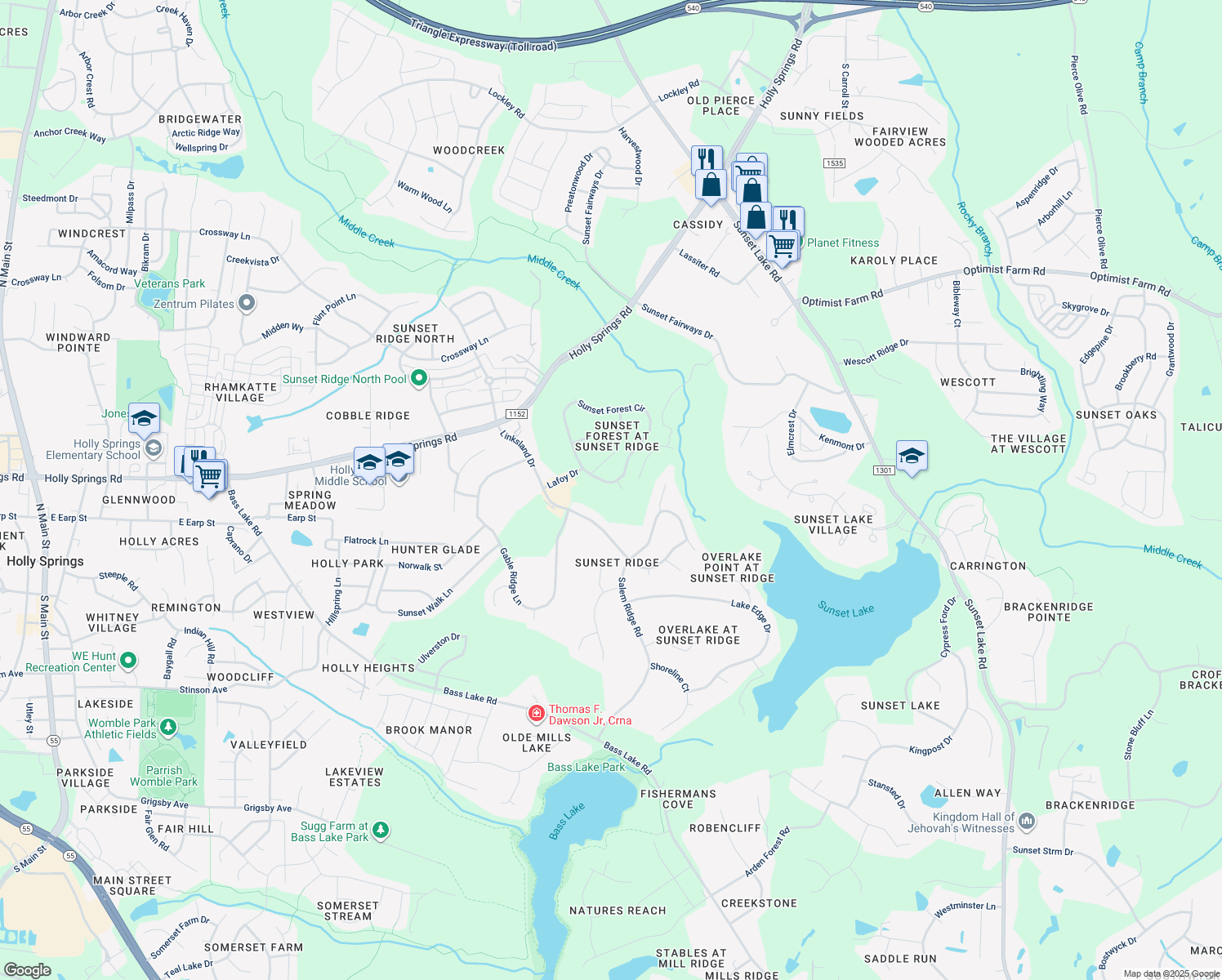 map of restaurants, bars, coffee shops, grocery stores, and more near 4812 Sunset Forest Circle in Holly Springs