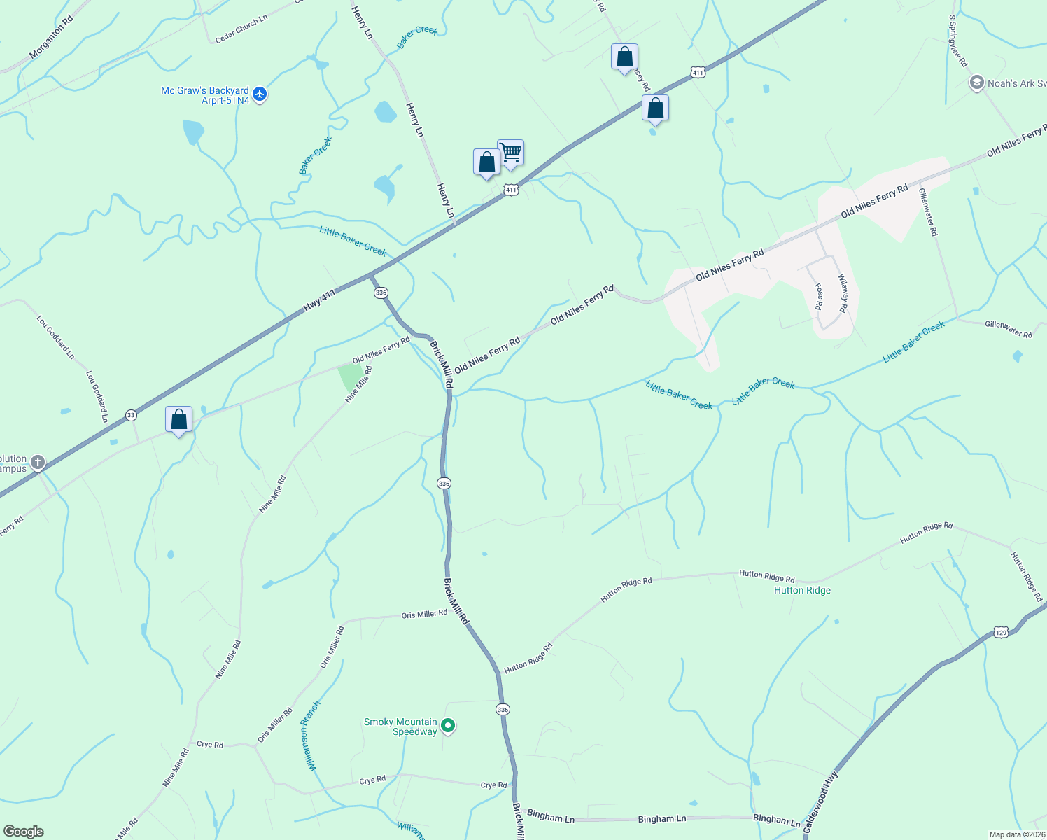 map of restaurants, bars, coffee shops, grocery stores, and more near 346 Brick Mill Road in Maryville