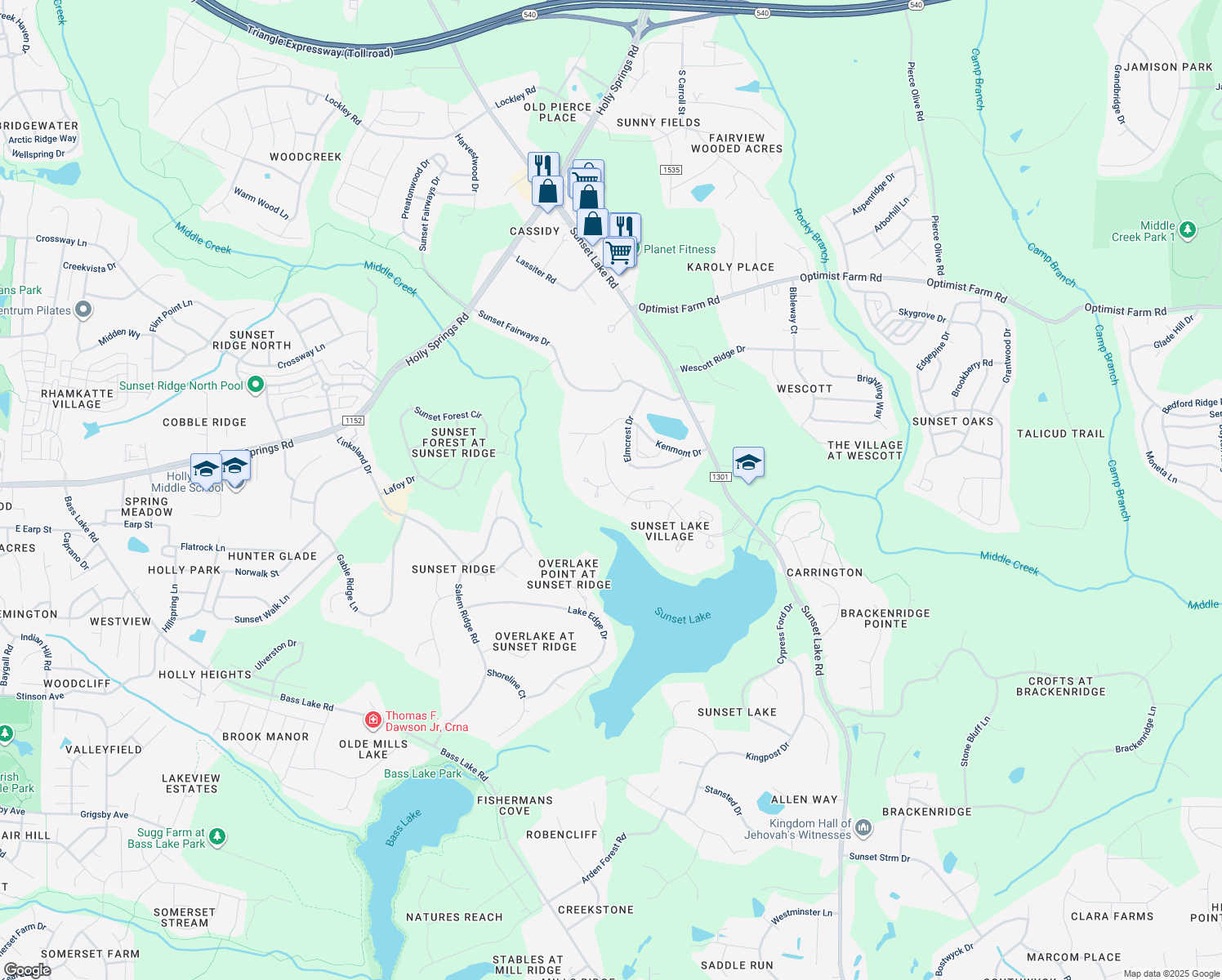 map of restaurants, bars, coffee shops, grocery stores, and more near 4445 Lake Flower Drive in Holly Springs