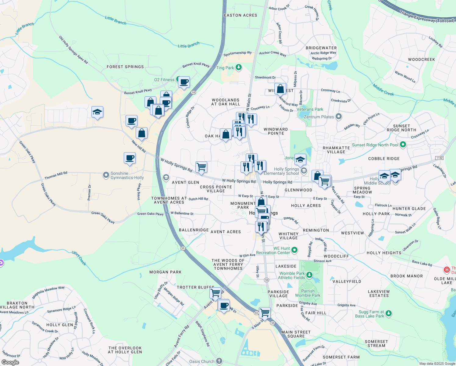 map of restaurants, bars, coffee shops, grocery stores, and more near 323 West Holly Springs Road in Holly Springs