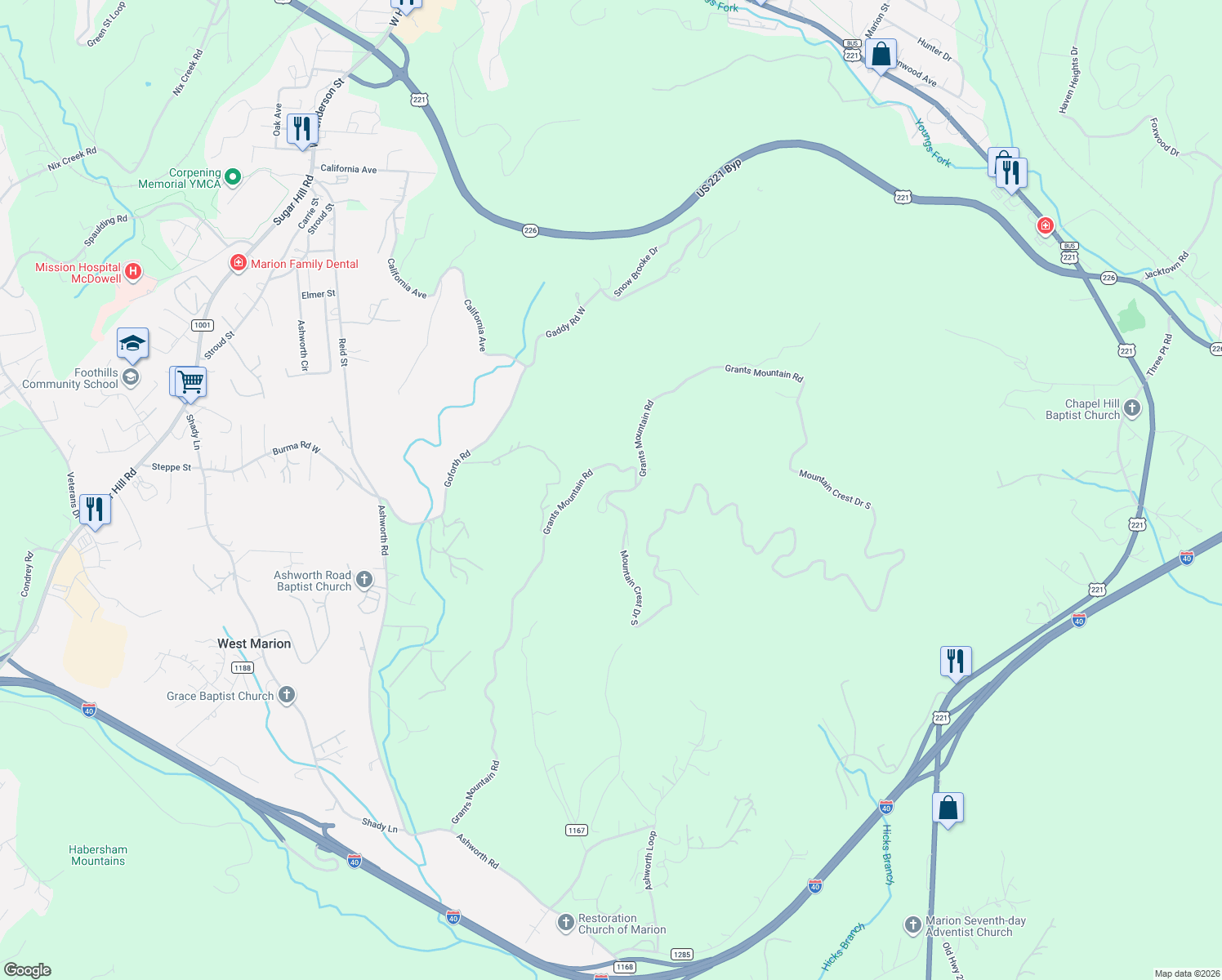 map of restaurants, bars, coffee shops, grocery stores, and more near 27 Mountain Crest Drive South in Marion