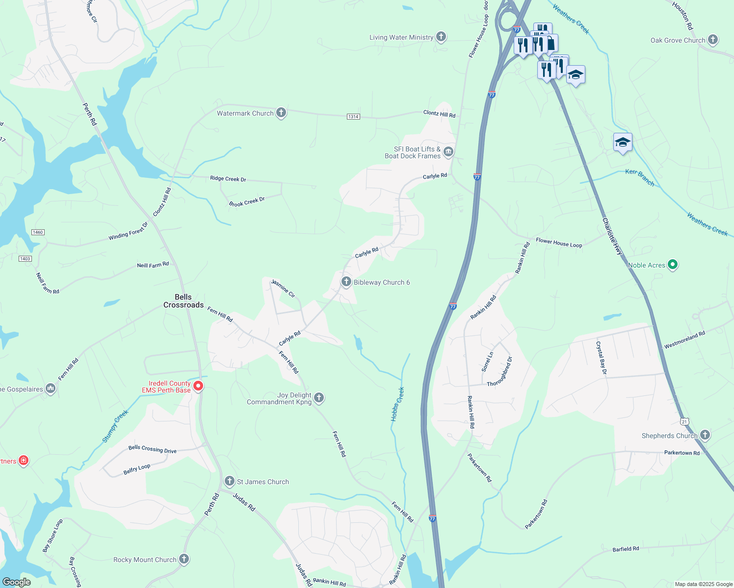map of restaurants, bars, coffee shops, grocery stores, and more near Carlyle Road in Troutman