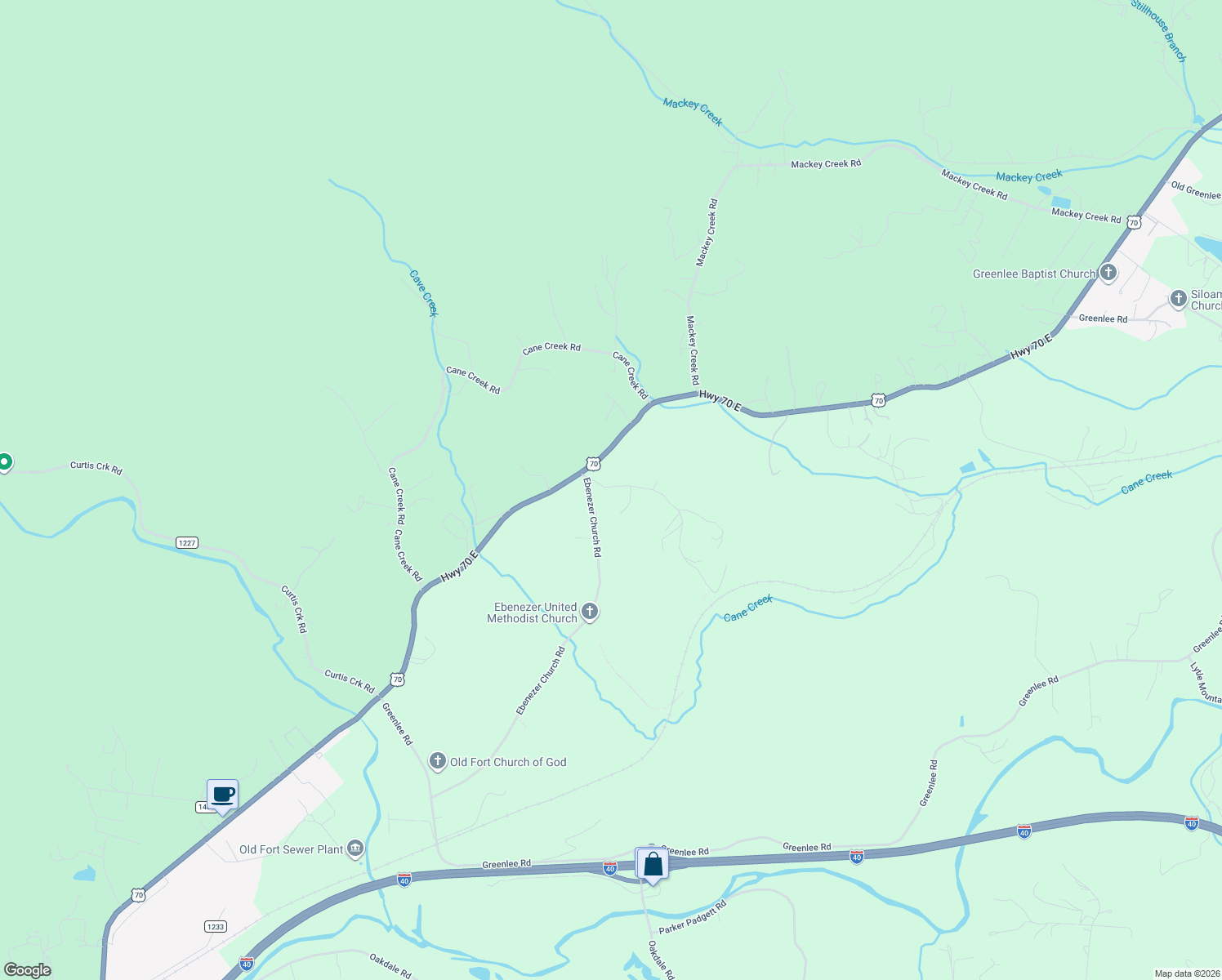 map of restaurants, bars, coffee shops, grocery stores, and more near 66 Ebenezer Road in Old Fort