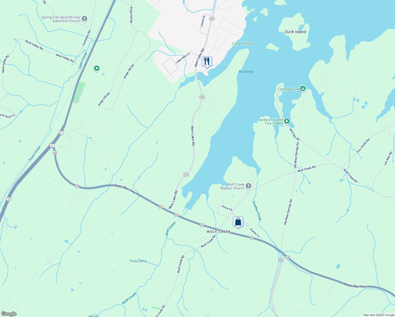 map of restaurants, bars, coffee shops, grocery stores, and more near 2963 New Lake Road in Spring City